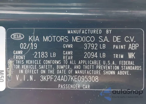 2019 Kia Forte Fe z USA, uszkodzony, nr VIN 3KPF24AD7KE095308